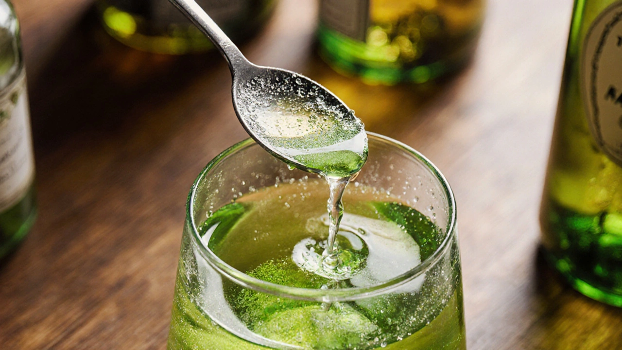 Blízký záběr na loučování absintu – voda protéká sítkem a mění barvu.