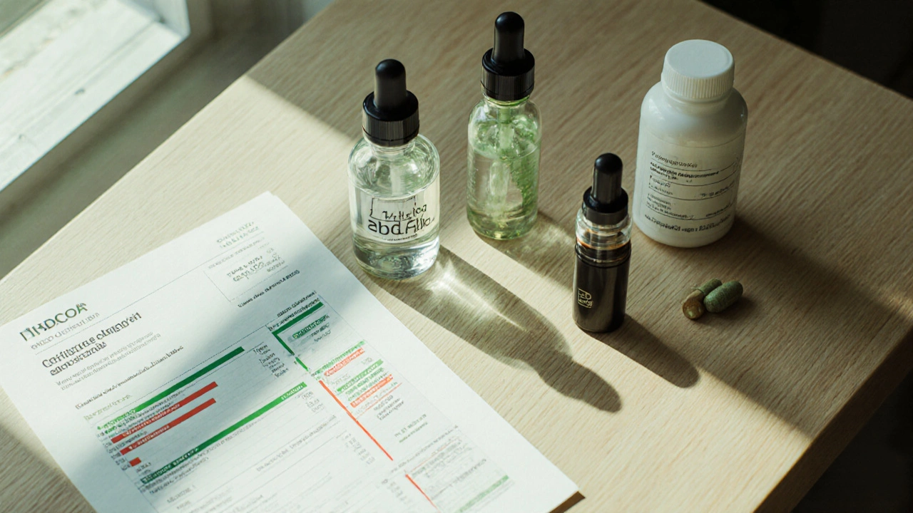 CBD a HHC produkty na dřevěném stole s certifikátem analýzy vedle nich.