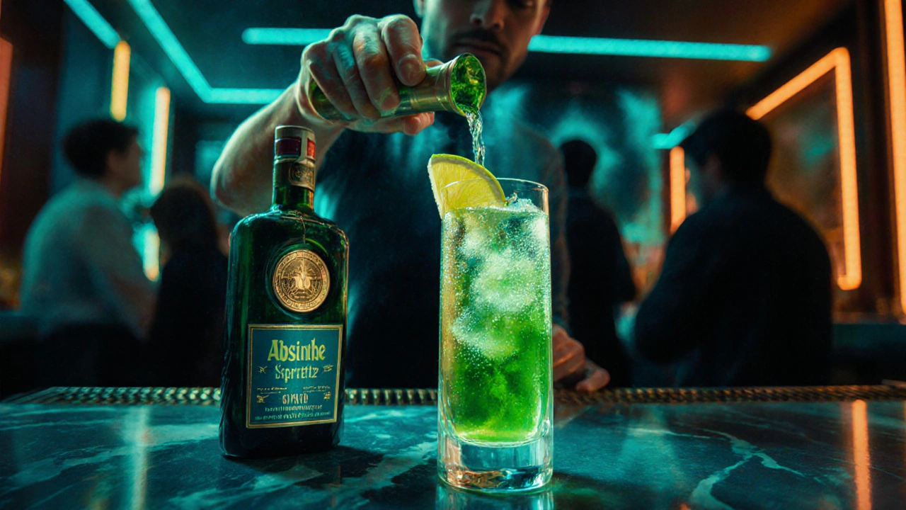 Moderní barové koktejly s absintem, zelený lektvar a zlatá medaile.