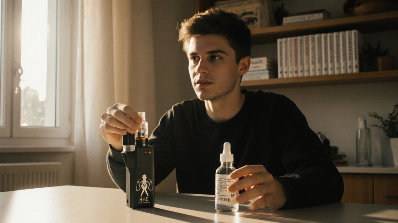 Osoba u stolu zvažuje HHC vape a CBD olej, v pozadí jsou právní dokumenty.