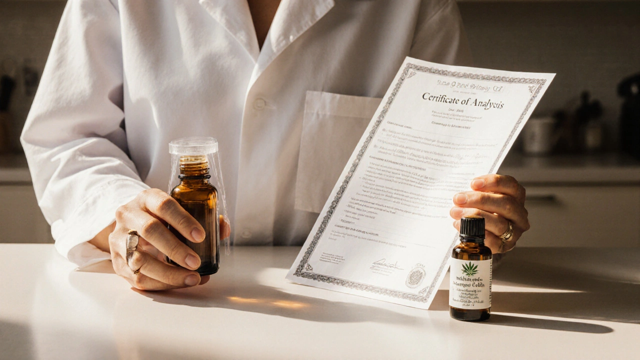 Osoba v laboratorním kabátku kontroluje výrobek, drží certifikát o analýze, na stole jsou kapsle a edibles.