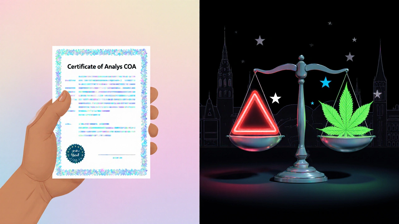 Ruka drží certifikát analýzy vedle symbolické váhy ukazující legální a nelegální stav kanabinoidů.