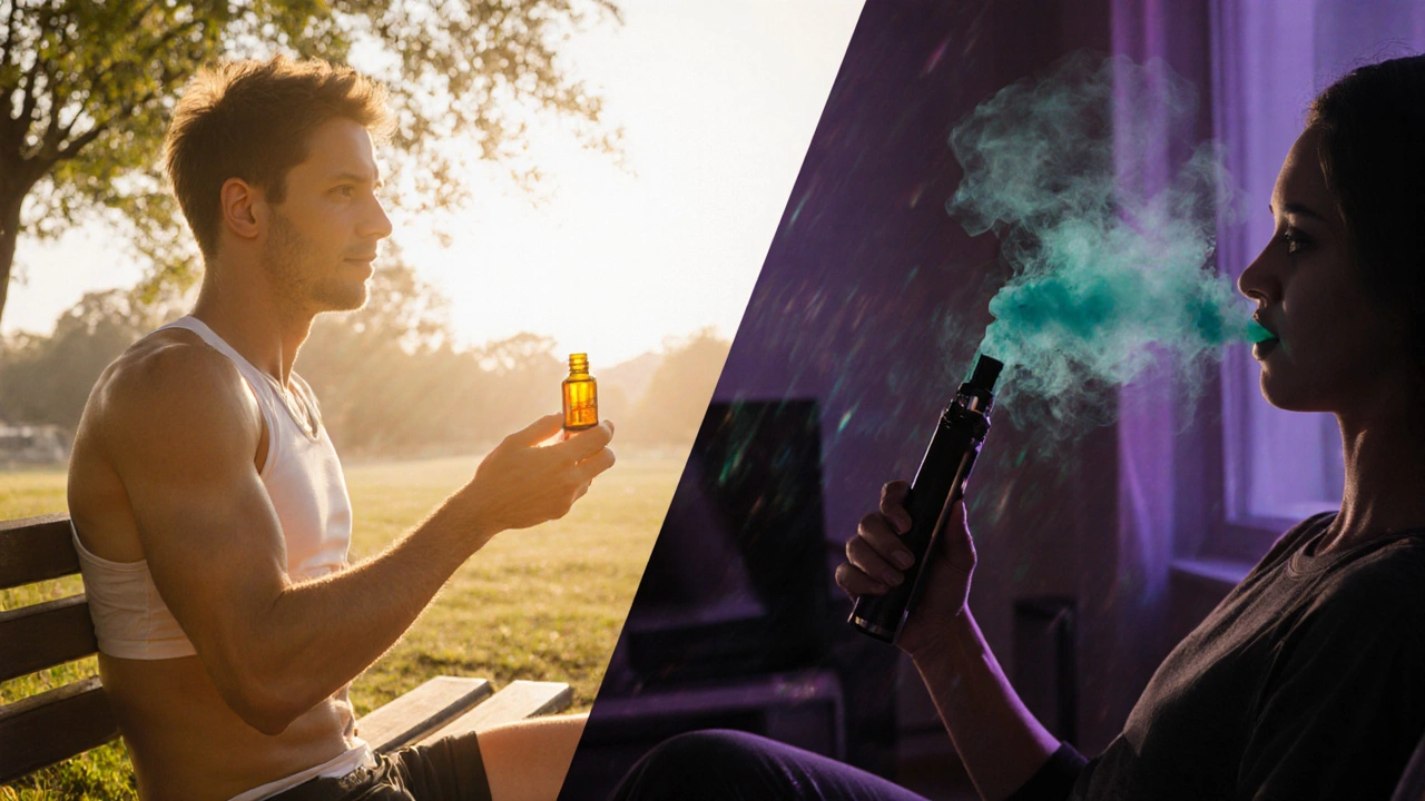Sportovec užívá HHC-O olej, zatímco jiná osoba vdechuje HHC-P vape v útulném interiéru.