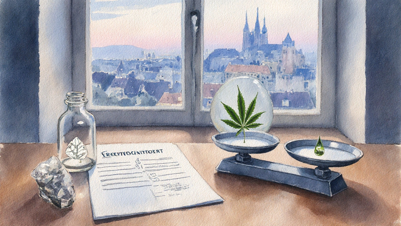 Vodovázná scéna s lahví kanabidiolu, lékařskou předpisovou kartou a vyváženou váhou THC a CBD.