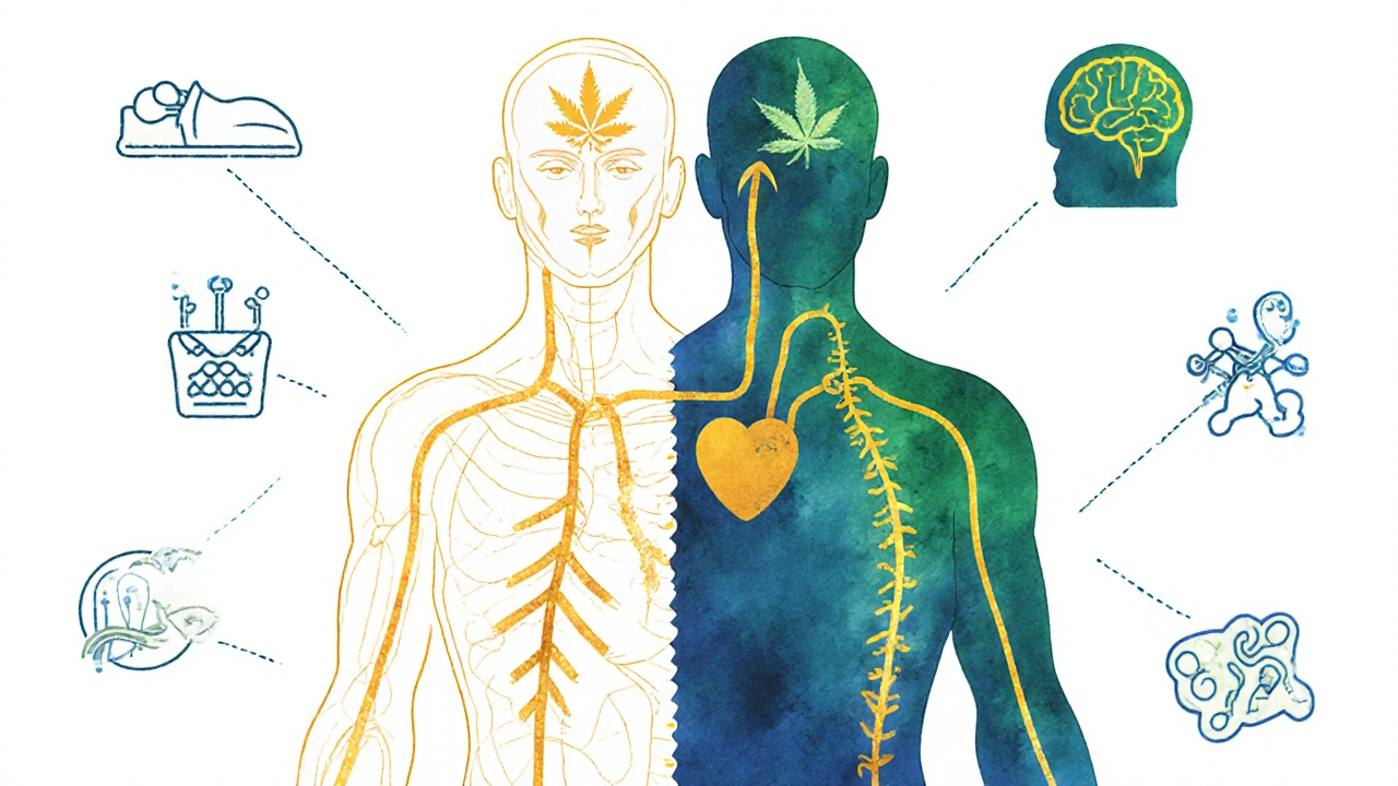 Abstraktní ilustrace těla s dvěma cestami: zlatá pro výživu, zelená pro CBD účinky