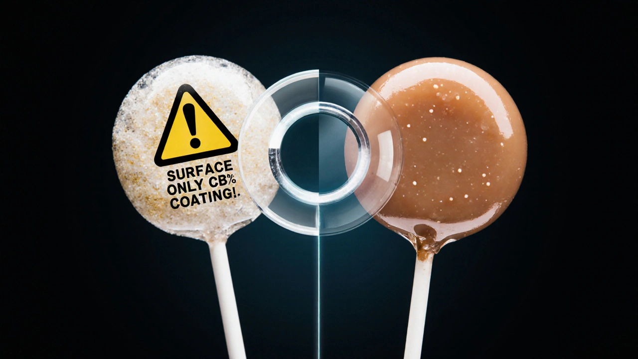 Dvě lolly vedle sebe: jedna s povrchovým CBD, druhá s rovnoměrnou infuzí – kontrast kvality.