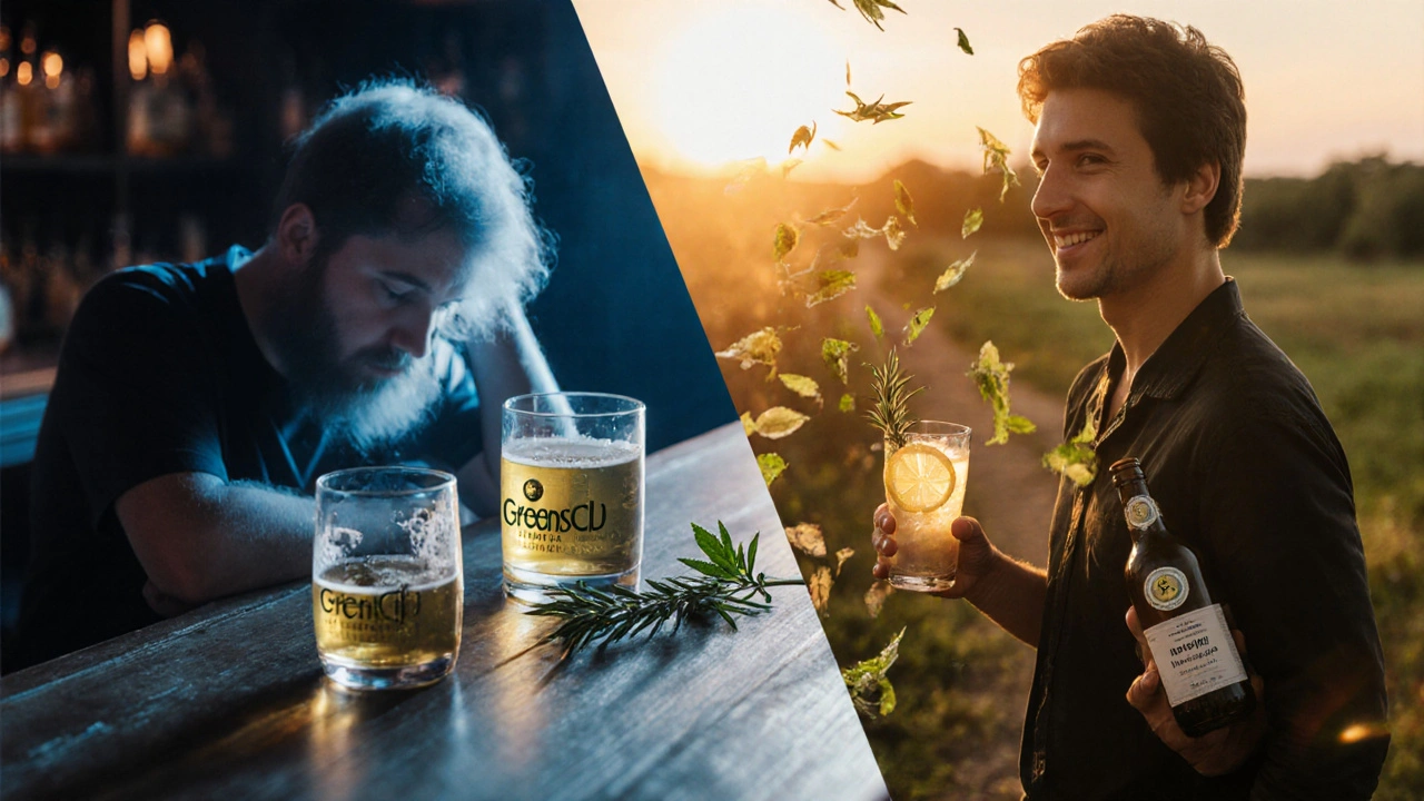 Dvě strany jedné osoby: jedna závislá na alkoholu, druhá uvolněná a zdravá s alternativními nápoji.