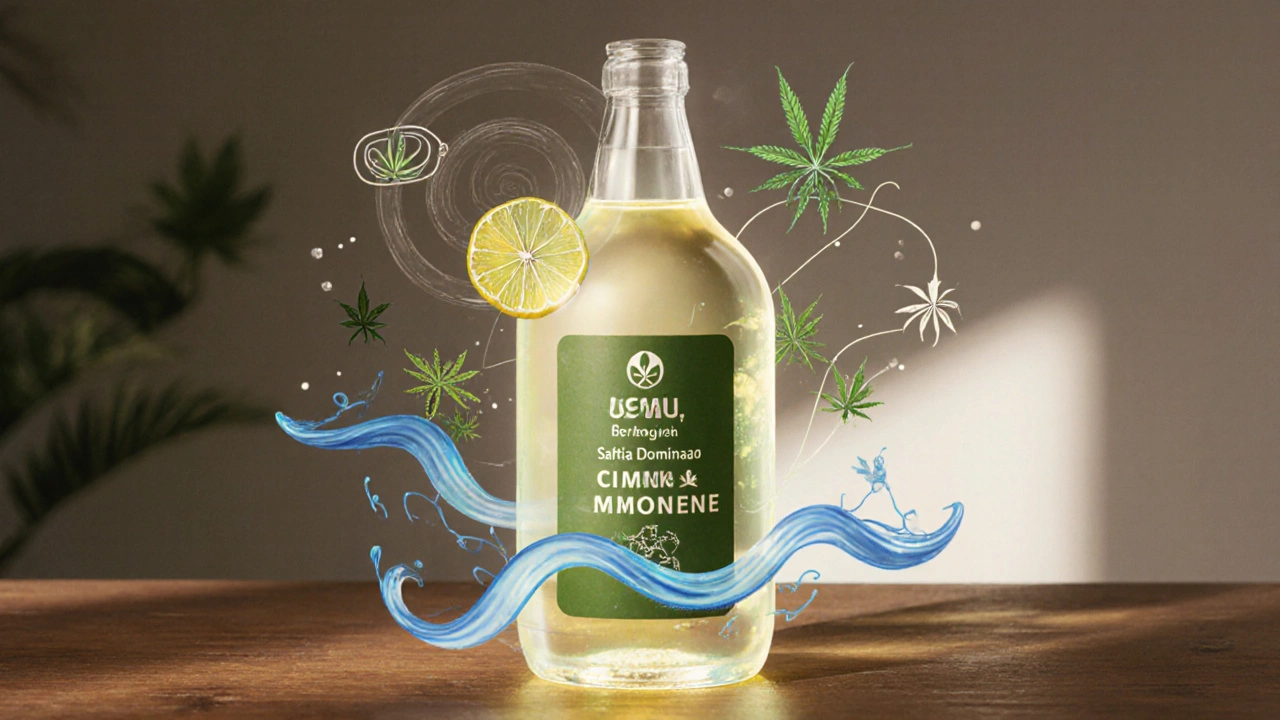 Konopný nápoj s hybridním složením, s vizuálními reprezentacemi terpenů a genetiky rostlin.