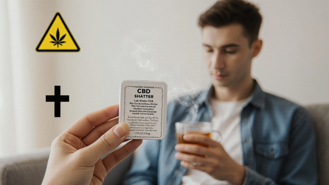 Kontejner s CBD shatterem a certifikátem čistoty vedle klidné osoby v klidném prostředí.