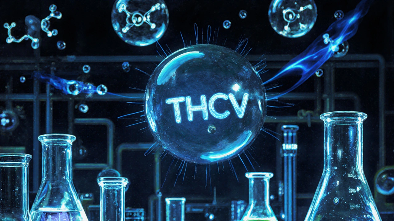 Laboratorní syntéza THCV z olivového oleje a citronové kyseliny s molekulárními strukturami.