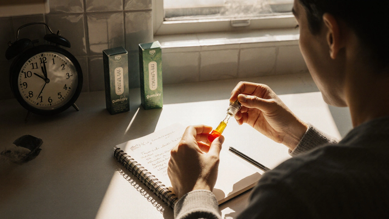 Osoba u kuchyňského stolu s CBD gumičkou a olejem, ráno ve světle