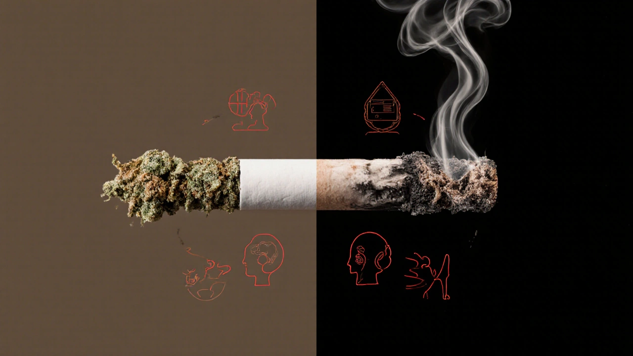 Rozdělená CBD cigaretka: jedna polovina je použita opatrně, druhá spálena až do popela s varovnými symboly.