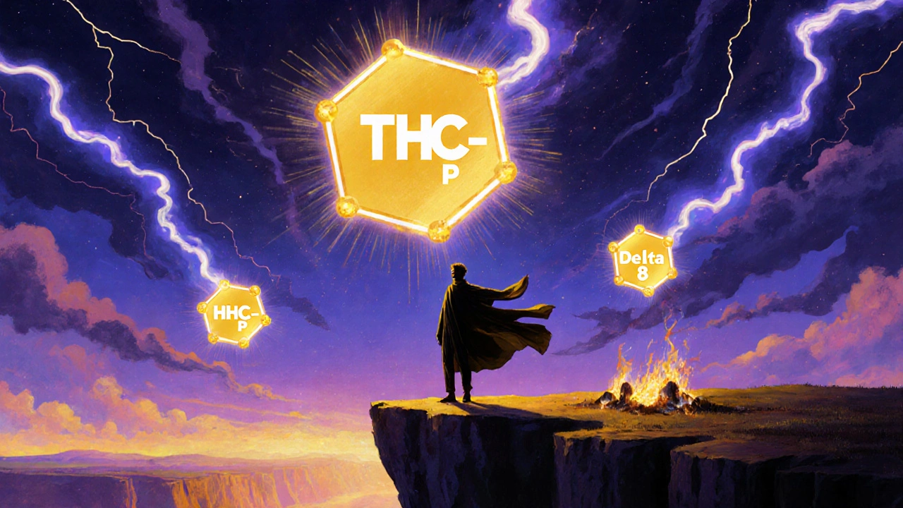 Surreální silueta člověka pod rozsáhlým, zářivým molekulovým útvarem THC-P.