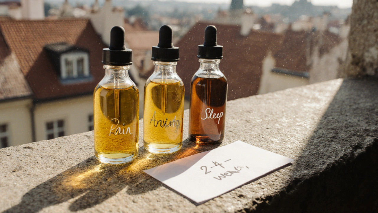Tři skleněné lahvičky s CBD olejem na okně s popisky 'Bolest', 'Úzkost', 'Spánek'.