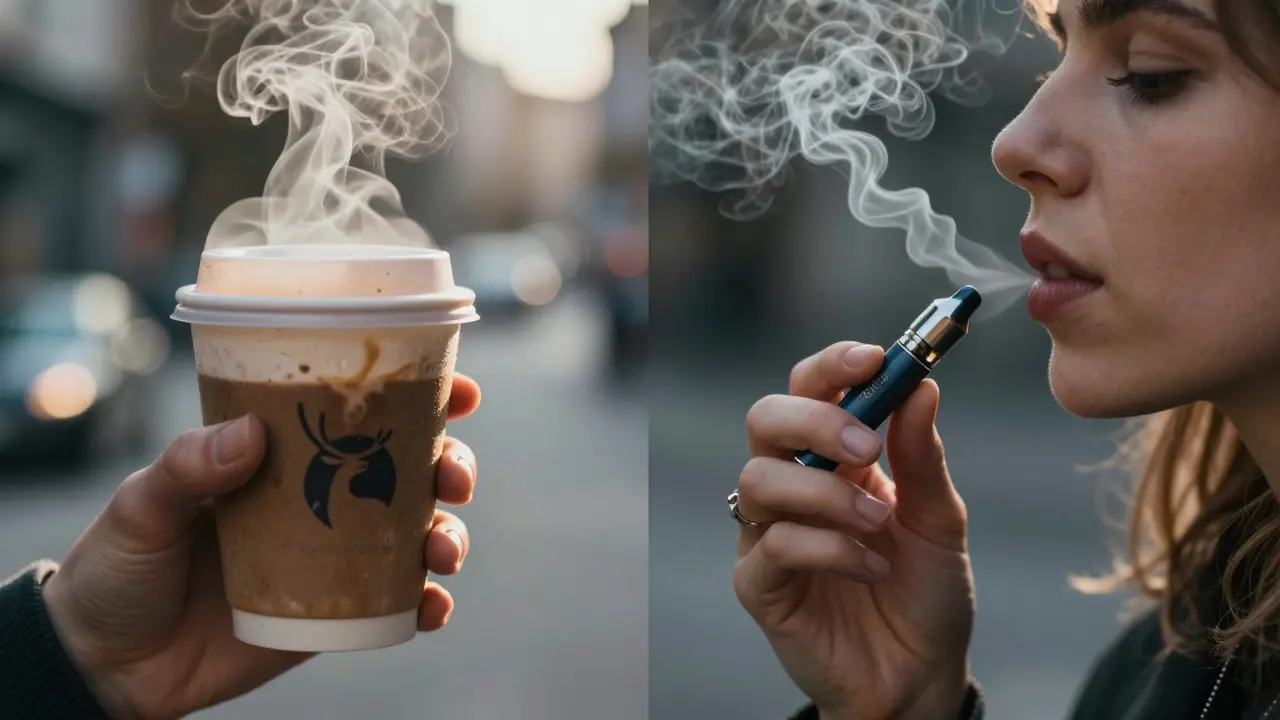 Dvě ruce: jedna drží kávu, druhá vdechuje CBD vape — klid vs. chaos.