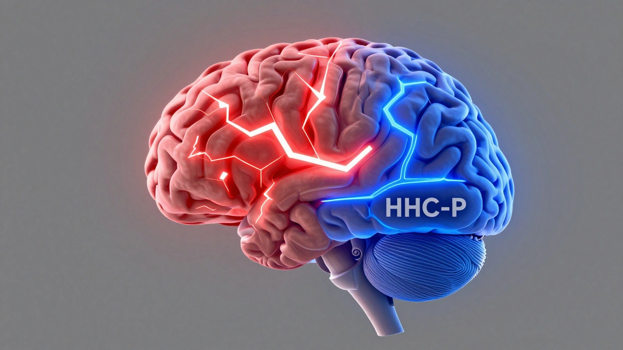 Mozek s protichůdnými neurologickými reakcemi na THCP a HHC-P: chaos vs. klid.