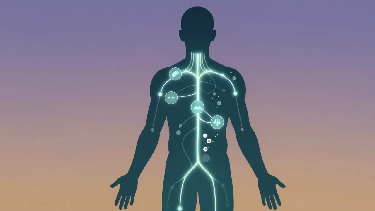 Schematic zobrazení endokanabinoidního systému s CBD molekulami a symboly spánku a energie.