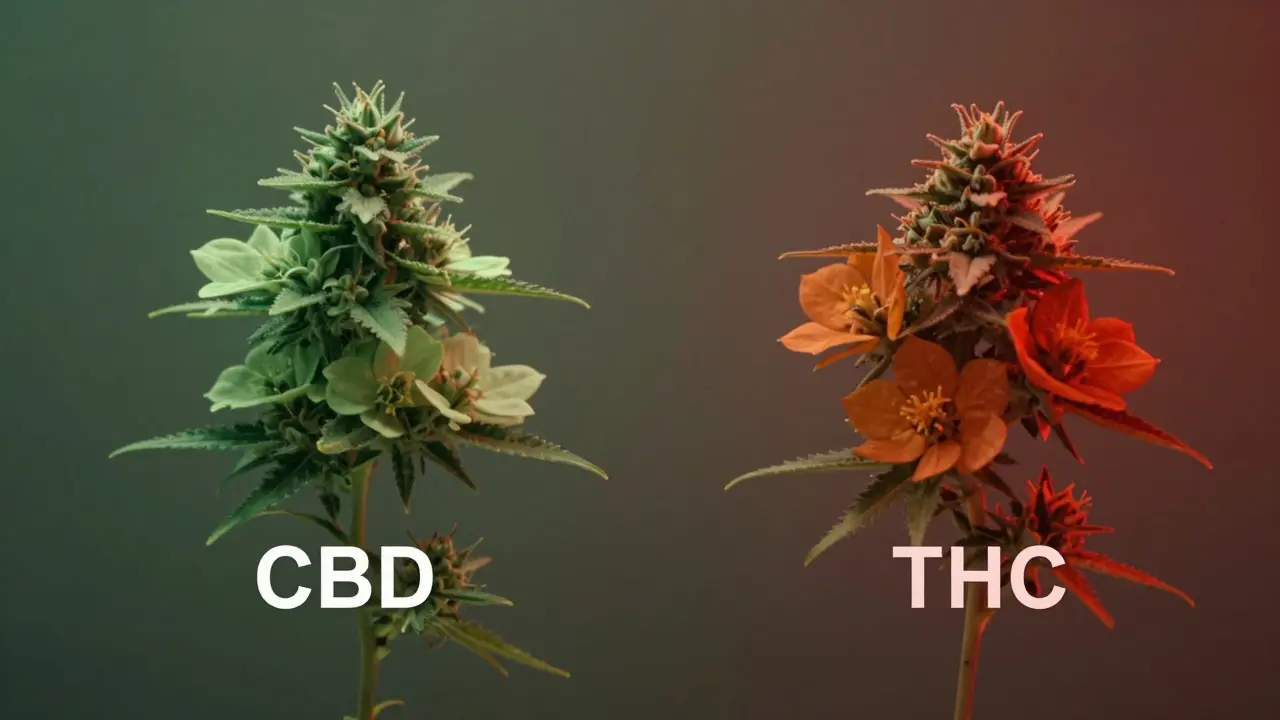 Dvě květové skupiny vedle sebe: CBD s klidným světlem a THC s intenzivním zářením.