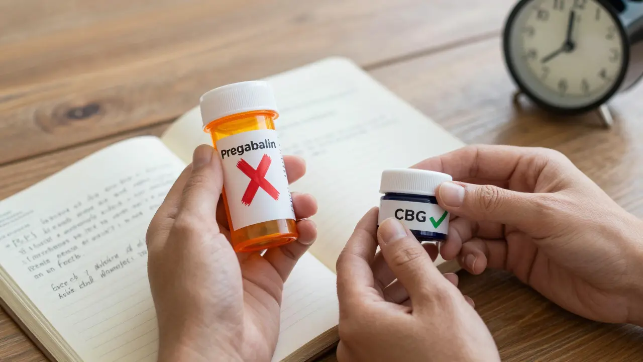 Dvě láhve – Gabapentin s křížkem a CBG krém s zaškrtnutím – na stole.