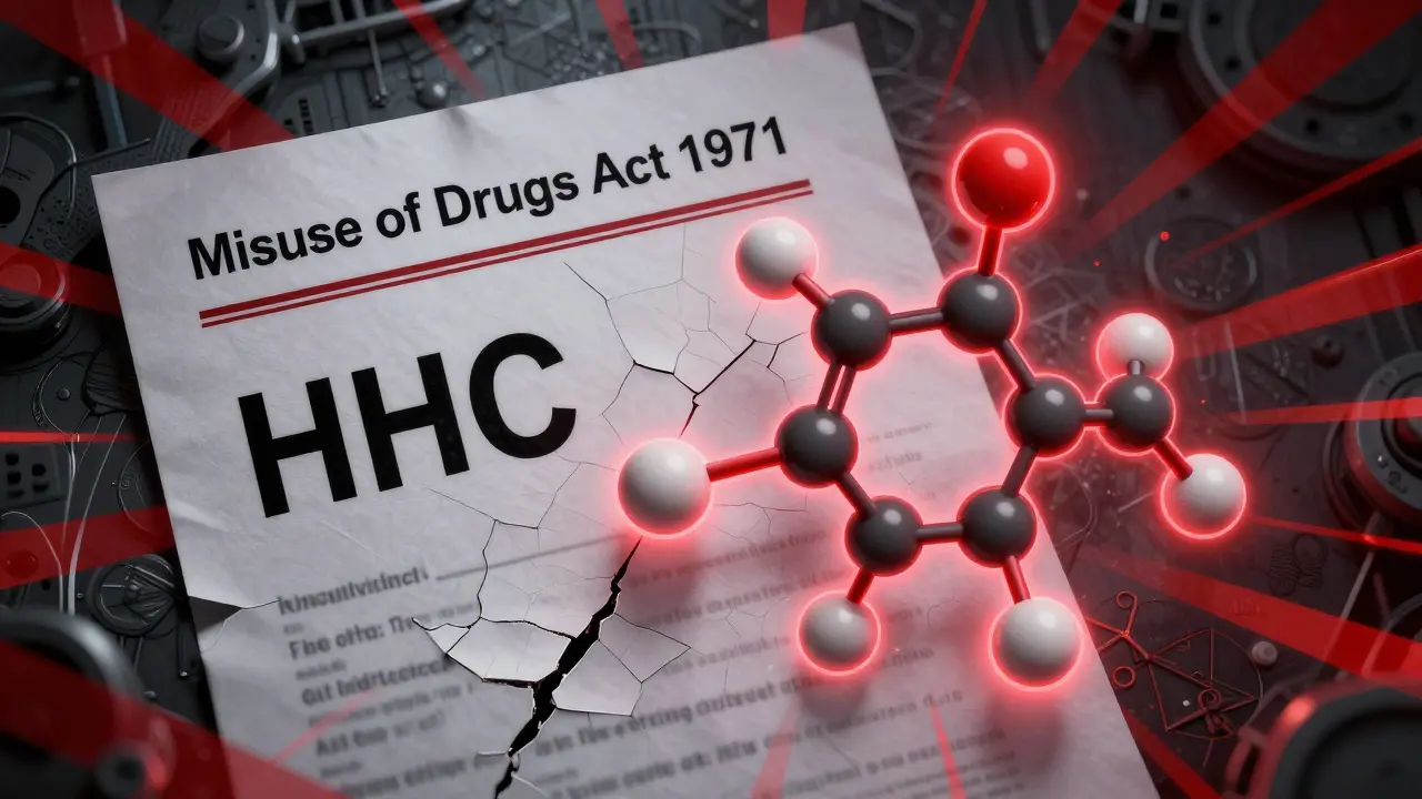 HHC molecule overlaid on cracked legal document with red warning stripes.