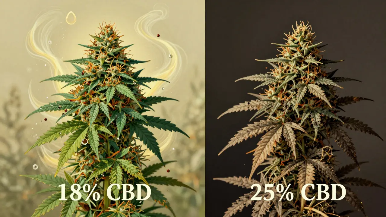 Porovnání kvalitního CBD květu s bohatými terpeny a příliš koncentrovaného květu.