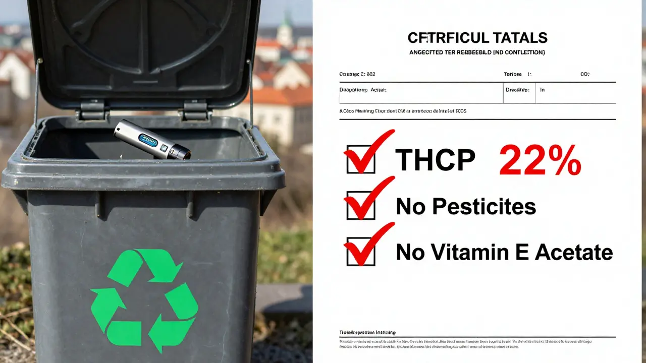Porovnání vyhozeného zařízení a laboratorního potvrzení kvality THCP s recyklačním symbolem.