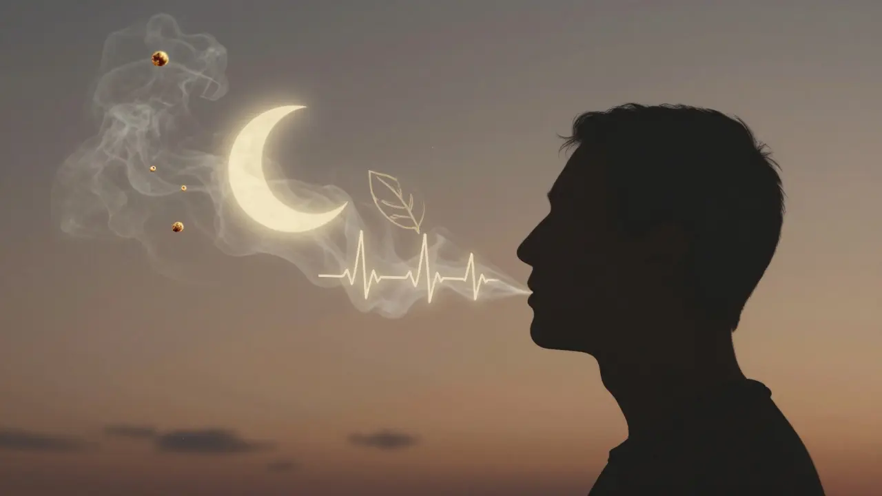 Postava vdechující klidný kouř, který se mění v symboly klidu a spánku.