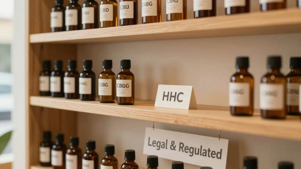 Shelf with legal CBD and CBG products in UK hemp store, empty space where HHC was.