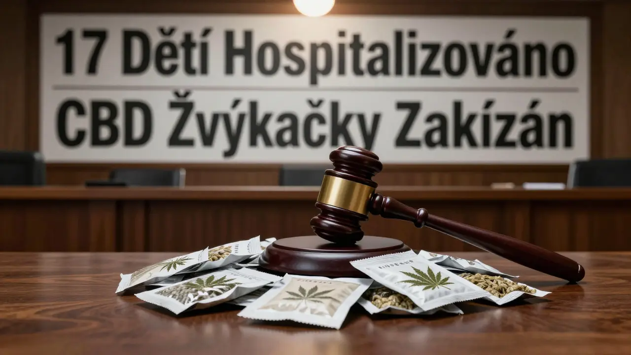 Soudní sál s sebranými balíčky konopových žvýkaček a novinovými titulky.