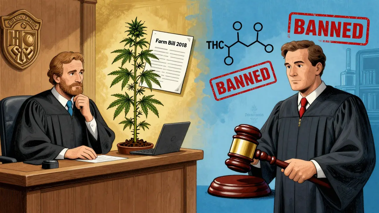 Split courtroom illustration contrasting federal legalization with state prohibition of HHC.