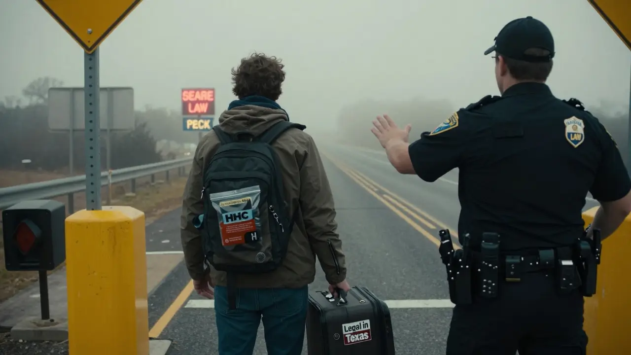 Traveler stopped at a state border with HHC product while facing a law enforcement officer.