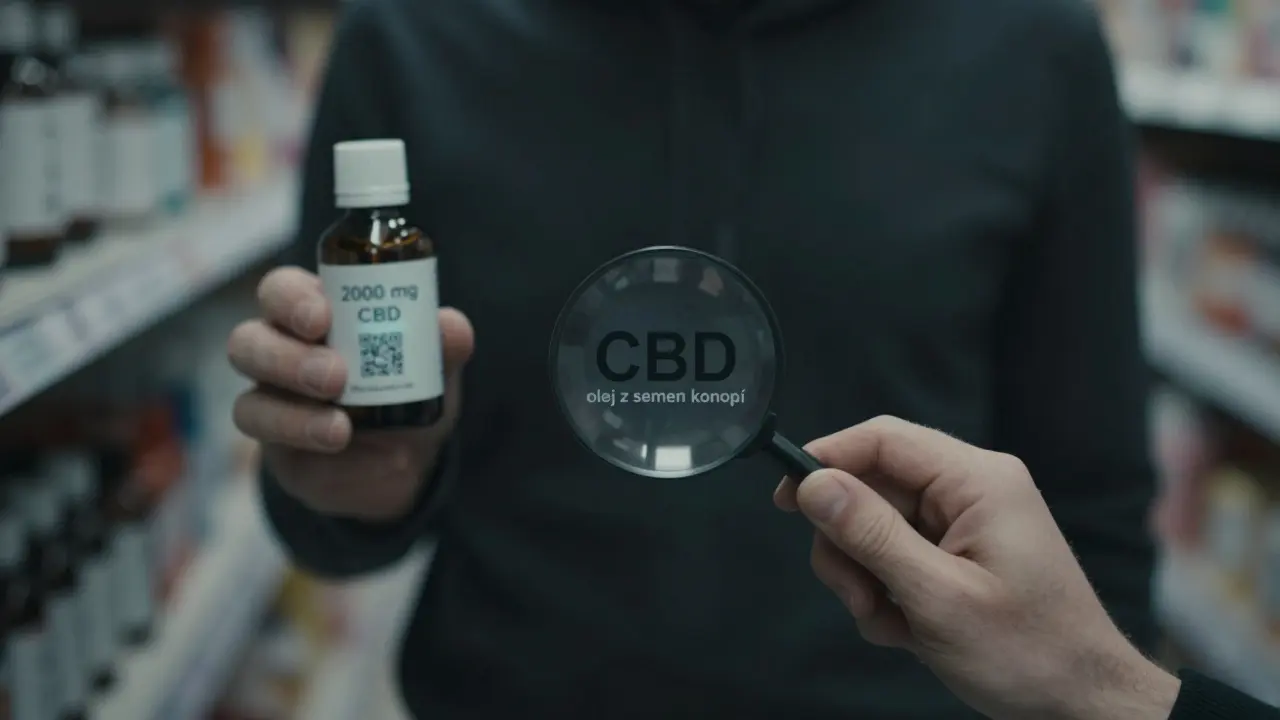Zákazník prozkoumává etiketu lahvičky s podvodným CBD