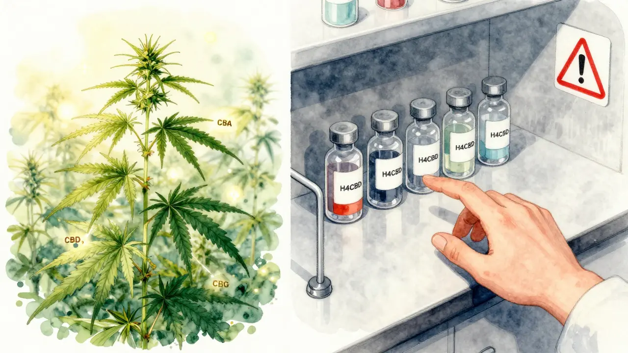 Natural hemp plant versus lab-made H4CBD vials in contrast