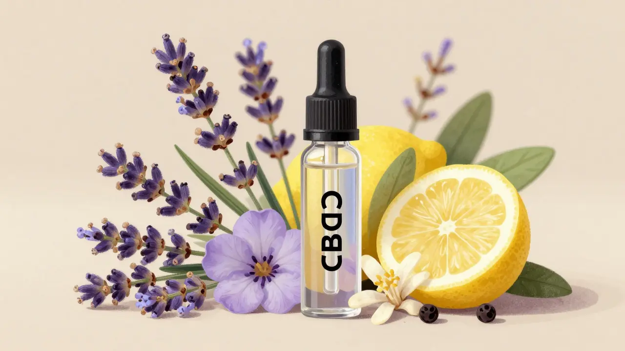 Průhledný CBD kartridž s květy terpenů pro spánek, náladu a bolest.