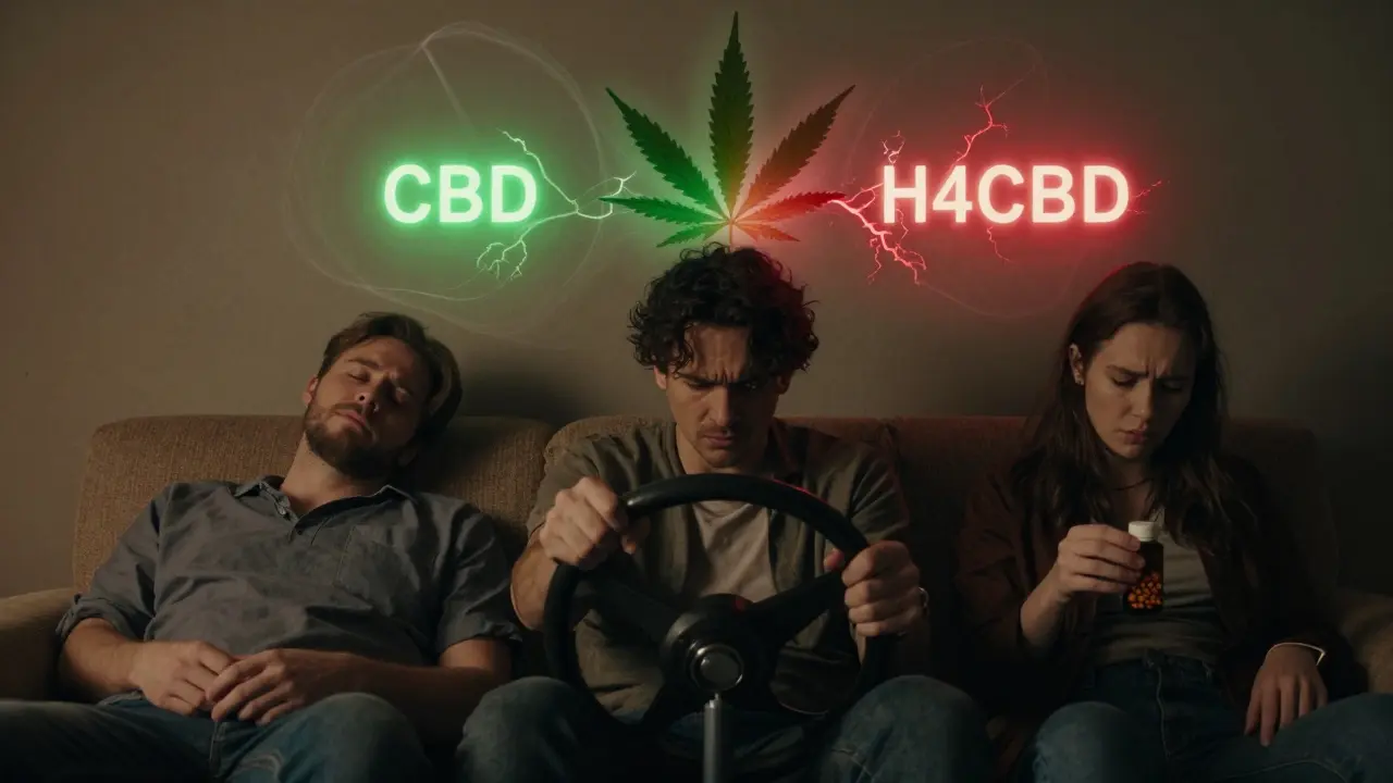 Three individuals showing different reactions to H4CBD use