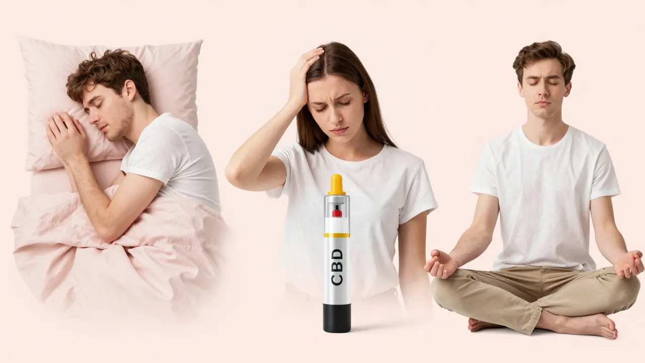 Tři scény: spánek, úleva od bolesti a meditace spojené CBD kartridžem.
