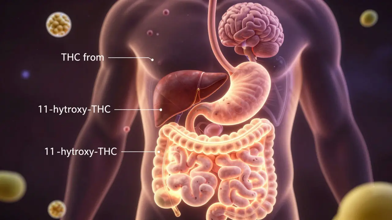 Vnitřní orgány člověka s cestou THC přes játra do mozku, kde se přeměňuje na silnější formu 11-hydroxy-THC.