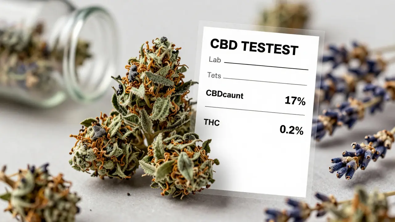 Detailní záběr kvalitních CBD květů s laboratorní analýzou ukazující obsah CBD a THC.