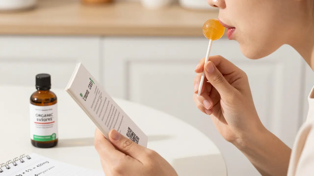 Osoba v kuchyni saje CBD lollipop a čte informace na obalu s QR kódem.