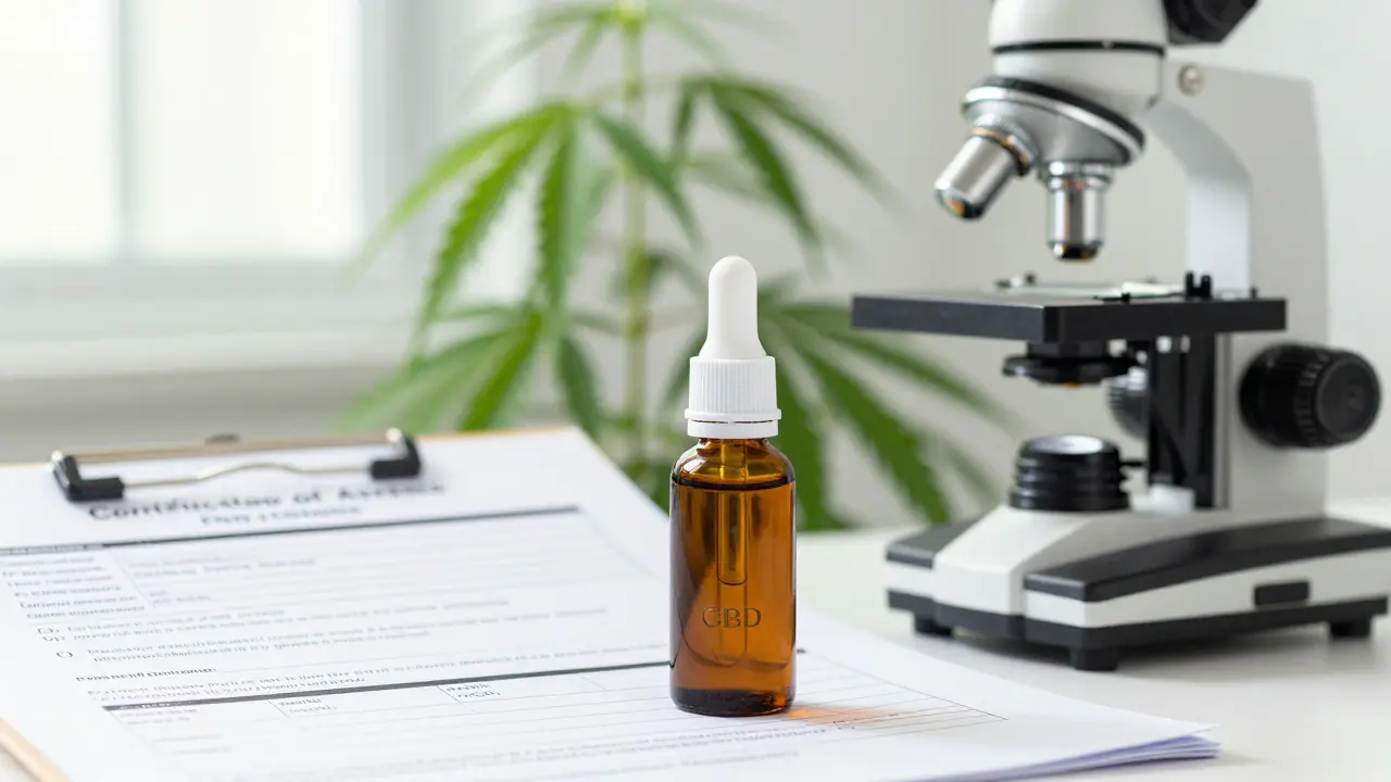 CBD olej vedle laboratorní analýzy a mikroskopu, symbolizující čistotu a bezpečnost produktu.