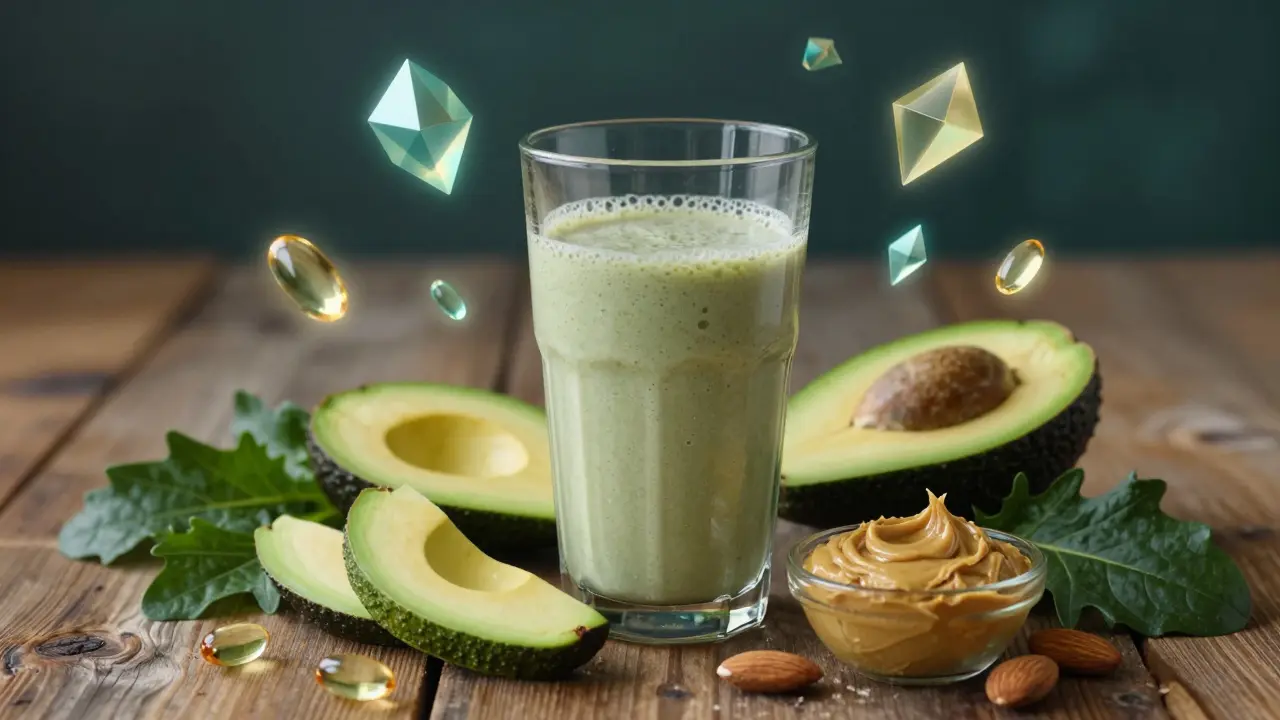 Konopný proteinový shake s avokádem a mandlovým máslem na dřevěném stole.