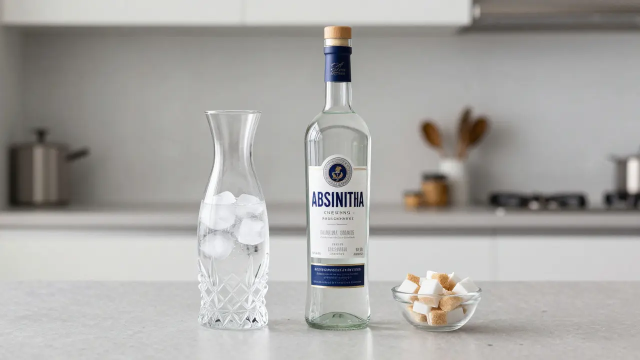 Lahve kvalitního absintu s vodou a cukrem na světlém kuchyňském stole.