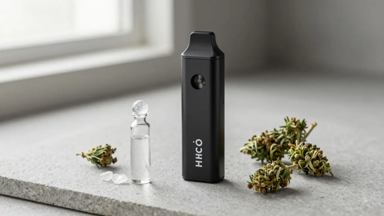 Sada produktů HHC-O včetně vape pena, krystalů a konopných květů na kameni.
