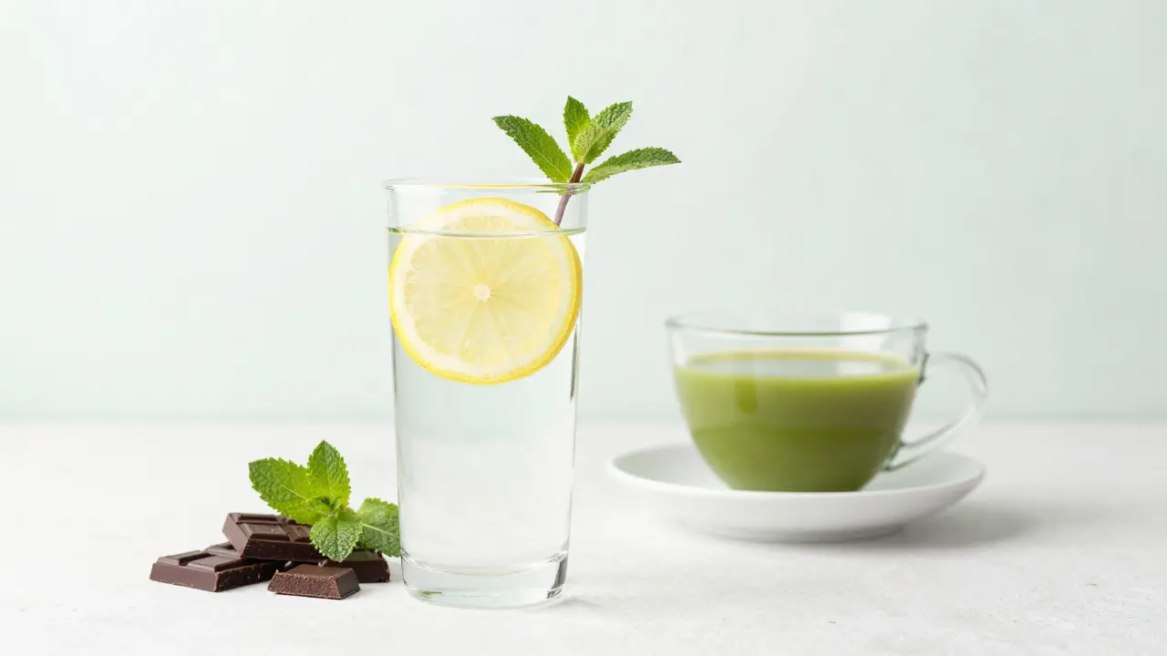Sklenice vody s citronem, matcha čaj a kousky tmavé čokolády v minimalistickém stylu.