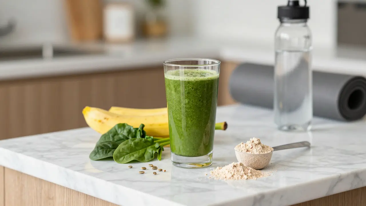 Zelený proteinový shake s konopným proteinem vedle sportovního vybavení