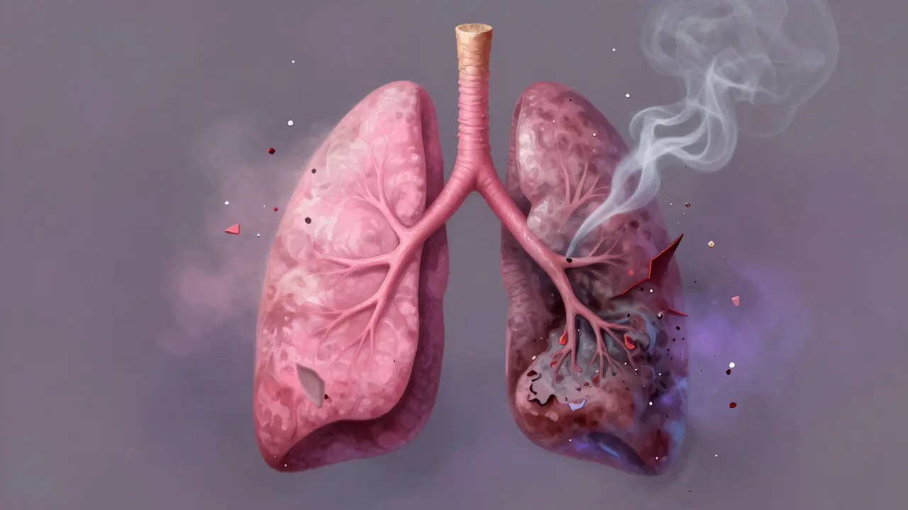 Abstract art showing healthy lungs transitioning to damaged tissue