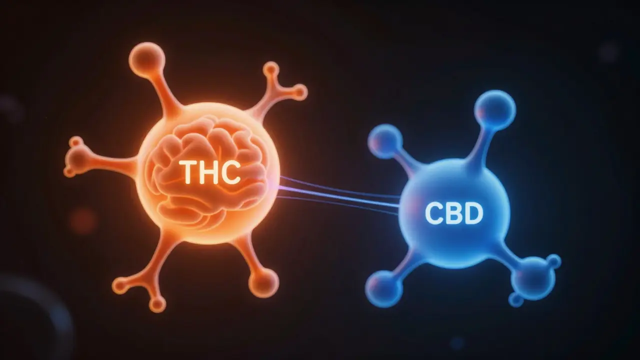 Abstraktní vizualizace molekul THC a CBD v interakci
