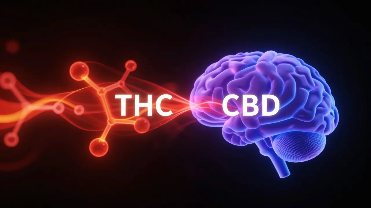 Abstraktní vizualizace vyvažujícího účinku CBD na úzkost způsobenou THC v mozku.