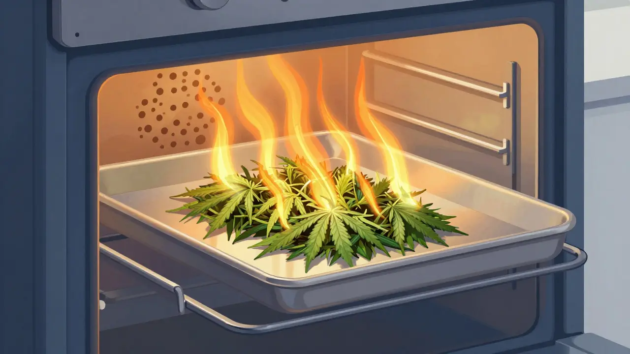 Ilustrace procesu dekarboxylace konopí v troubě s teplým světlem