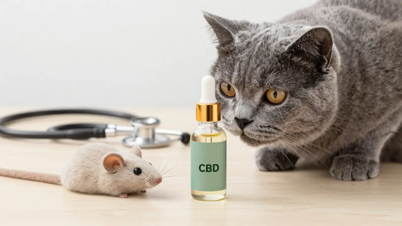 Kočka zvědavě čichá lahvičku s CBD olejem vedle veterinářského náčiní
